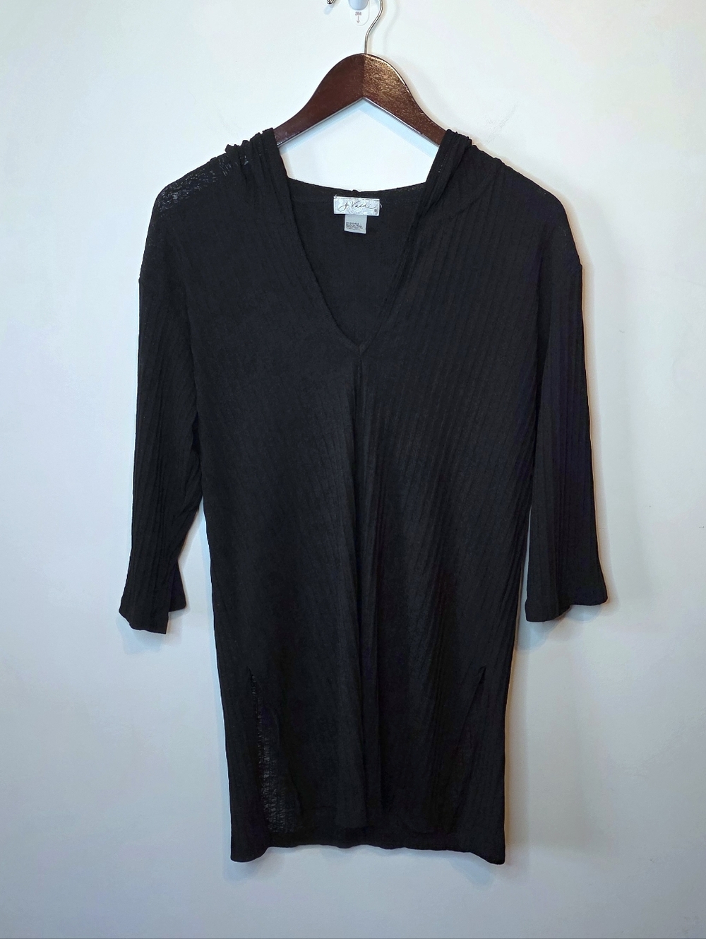 J. Valdi Black Ribbed Onionskin Hooded Tunic Swim Cover Up Beach Size Medium